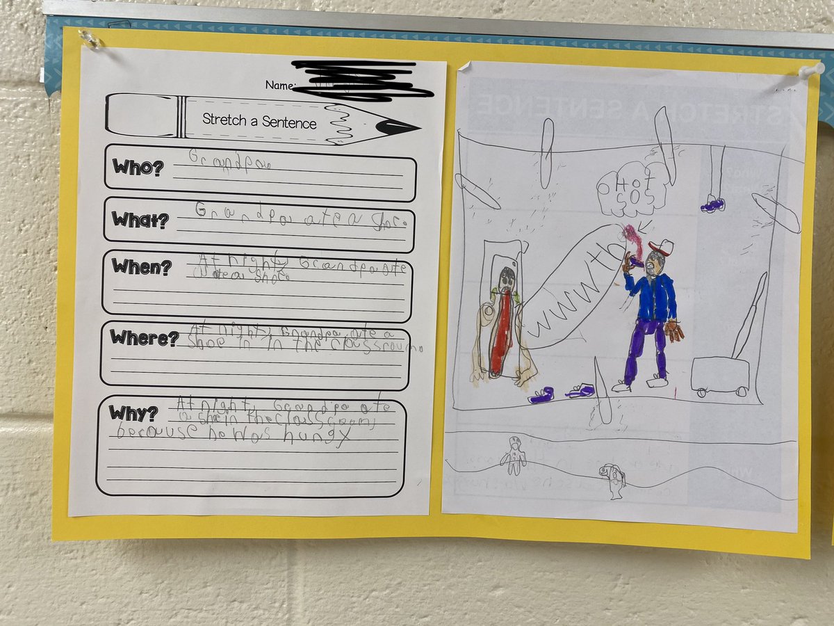 Mrs_Haas1002's tweet photo. Last week we practiced stretching sentences to see how more details can help our readers visualize an event. Today we picked our favorite and drew a picture to go along with it. Apparently grandpa likes to eat shoes in the classroom at night. 😂 Enjoy their interpretations! 😂 https://t.co/pBRGkV3o5k
