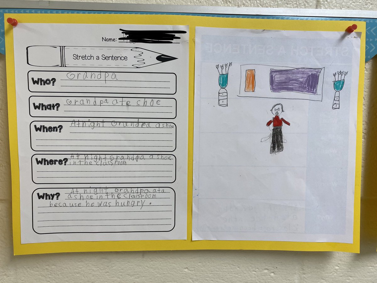 Mrs_Haas1002's tweet photo. Last week we practiced stretching sentences to see how more details can help our readers visualize an event. Today we picked our favorite and drew a picture to go along with it. Apparently grandpa likes to eat shoes in the classroom at night. 😂 Enjoy their interpretations! 😂 https://t.co/pBRGkV3o5k