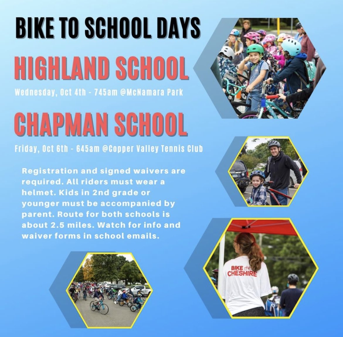 Bike Cheshire (@bikecheshire) on Twitter photo Bike to School Day season is here. <a href="/HighlandCT/">Highland Elementary</a> Oct 4th and <a href="/ChapmanSchool/">Chapman Elementary</a> Oct 6th. Watch for registration/waiver sign-up from your schools. <a href="/SafeRoutesNow/">Safe Routes Partnership</a> <a href="/CTDOTOfficial/">Connecticut Department of Transportation</a> <a href="/BikeWalk/">Alliance4Bike&Walk</a> <a href="/OutrideBike/">Outride</a> <a href="/CheshirePublic/">Cheshire Public Schools</a> Bike to School Day season is here. <a href="/HighlandCT/">Highland Elementary</a> Oct 4th and <a href="/ChapmanSchool/">Chapman Elementary</a> Oct 6th. Watch for registration/waiver sign-up from your schools. <a href="/SafeRoutesNow/">Safe Routes Partnership</a> <a href="/CTDOTOfficial/">Connecticut Department of Transportation</a> <a href="/BikeWalk/">Alliance4Bike&Walk</a> <a href="/OutrideBike/">Outride</a> <a href="/CheshirePublic/">Cheshire Public Schools</a>