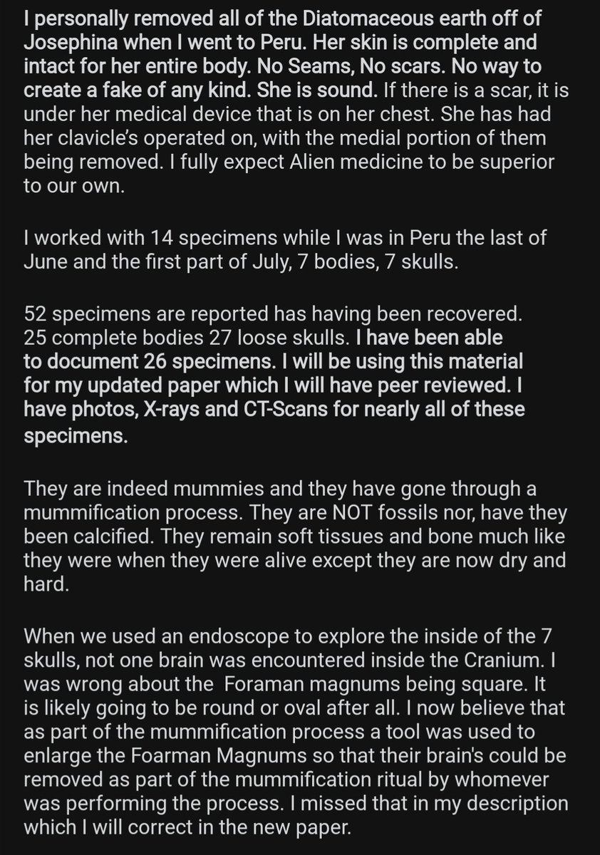 Jehoseph's tweet photo. Thanks to u-memystic from Reddit we have a response from the paleontologist currently studying the Peruvian Mummies - "Alien Bodies"

Seems... intriguing!

#NHI #Bodies #Alien #Mexico #UFOX #UFOTwitter #Disclosure #Biologics https://t.co/VhfOfqJzSa
