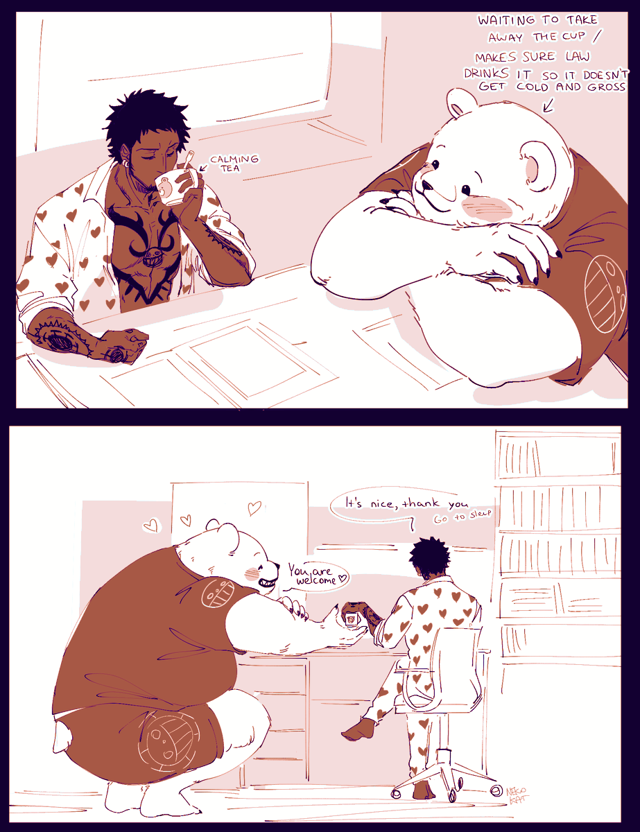 nekokat42's tweet photo. 🐯 🐻‍❄️ ( lawbepo , ロベポ )

one of my favorite law novel things was when bepo made law herbal tea after he had woken up from a nightmare and it helped to calm him down

100% it gotta be a thing bepo does all the time he wouldnt miss a chance to be helpful to his captain 🥺 https://t.co/oj5IAVmLxS