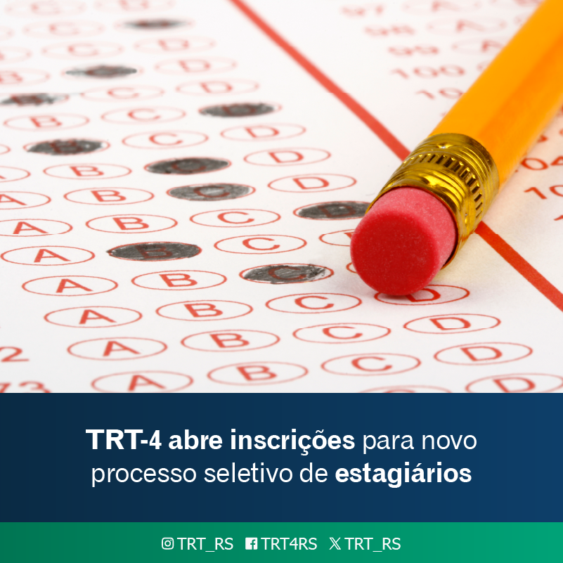 TRT_RS's tweet photo. O #TRT4 abriu novo processo seletivo para estágio não obrigatório de ensino superior

A seleção servirá para a formação de cadastro de reserva. 

Leia mais: https://t.co/GOAgnpc20S https://t.co/46VYzyS1Lg