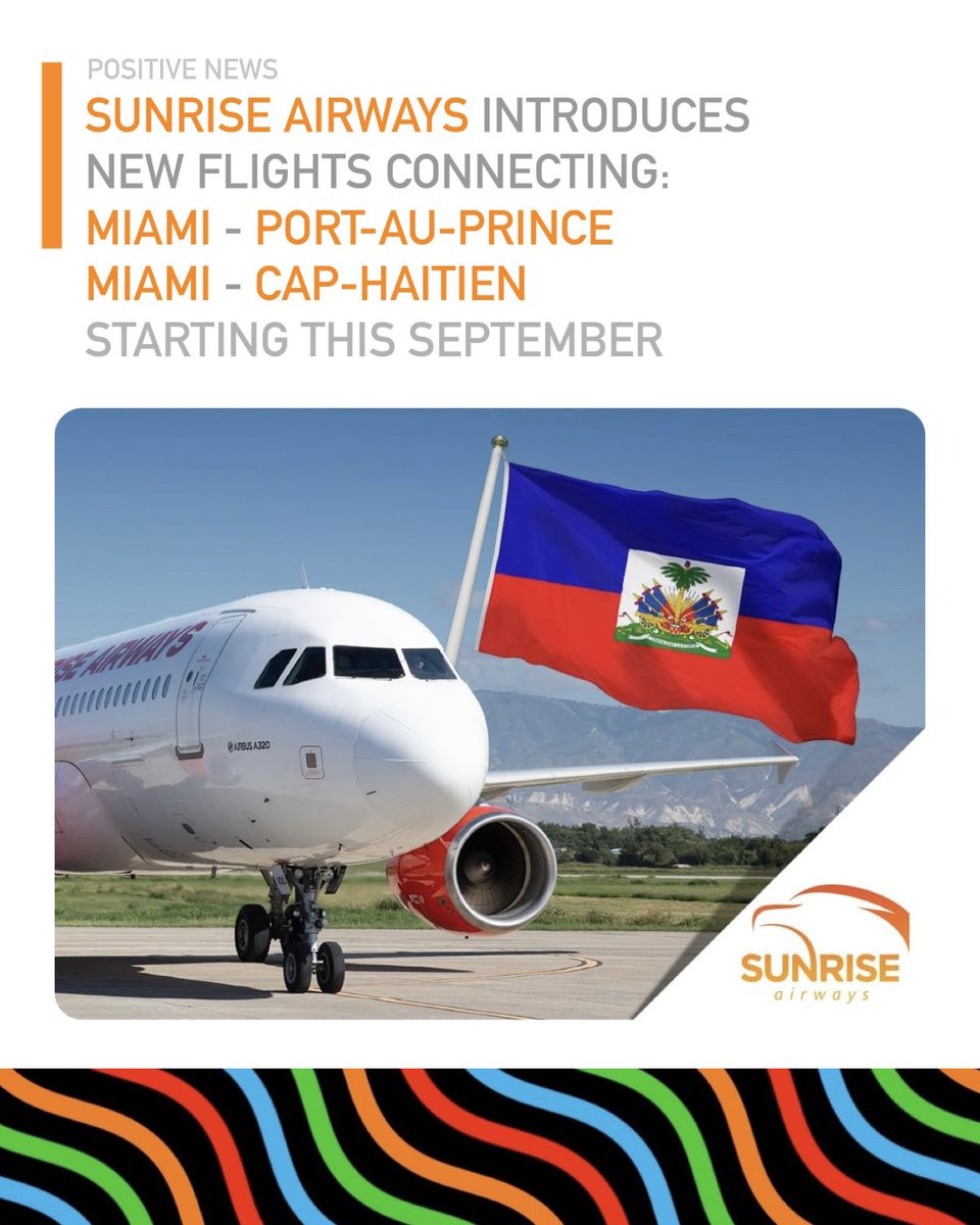 We love to see it! • 👏🏿

Sunrise Airways, a top Caribbean airline, expands its flight network with Miami-Haiti Connection. The service connects Miami, Florida, with Haiti's key destinations: Cap-Haitian and Port-au-Prince. 

Flights start this September 2023 using Airbus A320