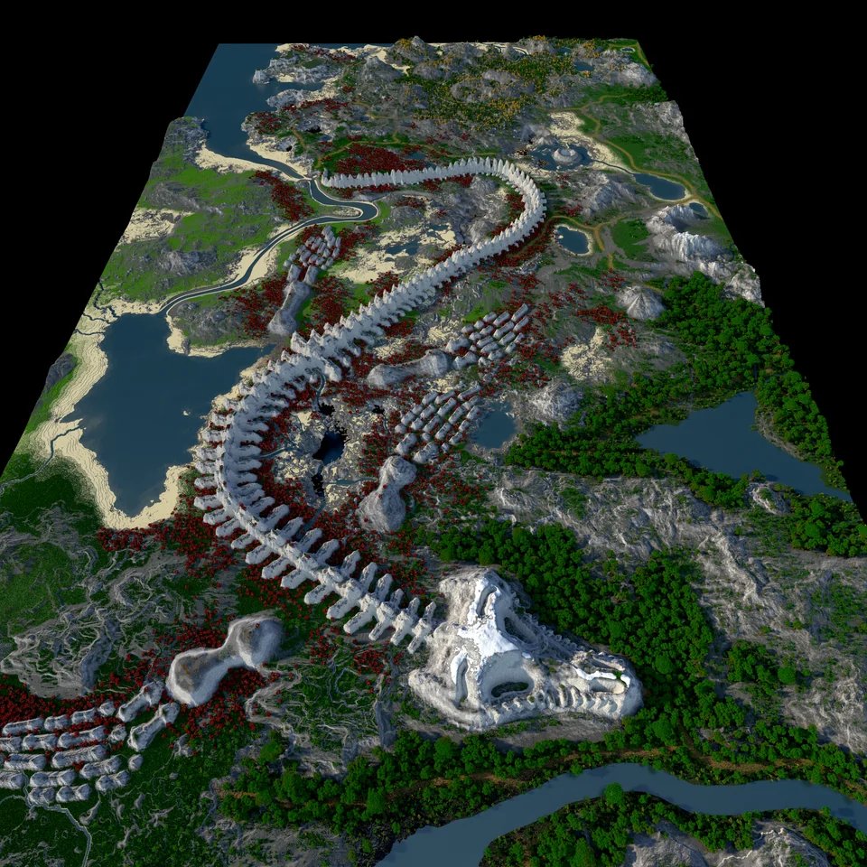 um GIGANTESCO fóssil de um monstro marinho construído no MINECRAFT (visão aérea)