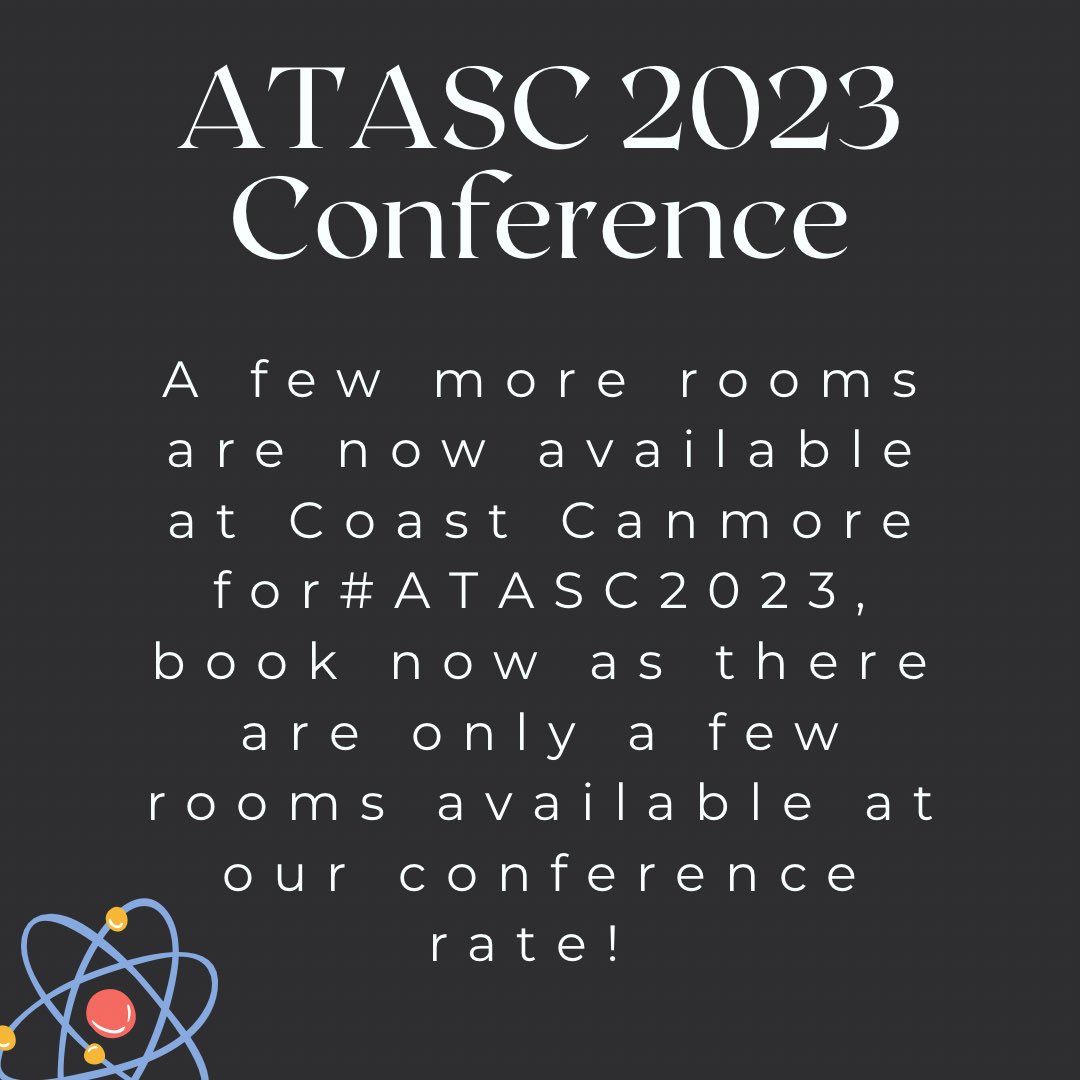 ATASciCouncil's tweet image. #ATASC2023 Delegates!

Just a few rooms are available in this additional room block - book now! 

@ata_pd @albertateachers #Science #ScienceCommunication #ATASC #ATASciCouncil