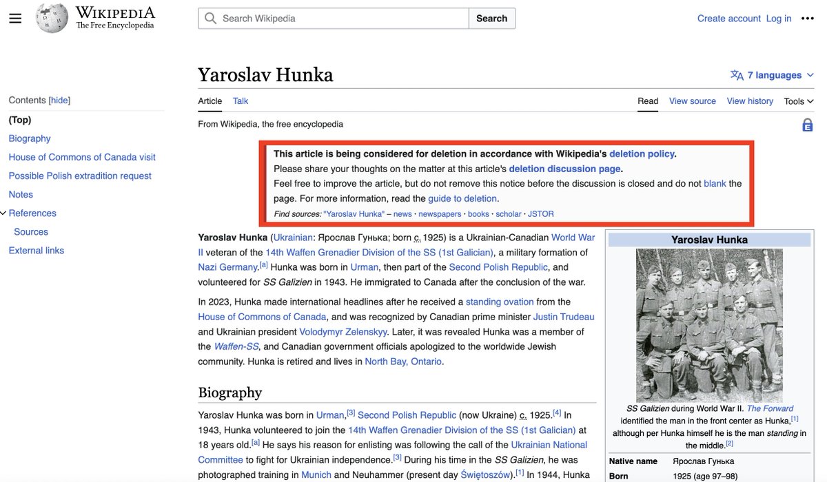 ianmiles's tweet photo. Elon Musk was right about Wikipedia. History is being rewritten by those with too much time on their hands. Here's Wikipedia, trying to erase Yaroslav Hunka, whose presence in the Canadian parliament embarrassed Justin Trudeau and the rest of his Liberals. https://t.co/0TCtyo7mCa