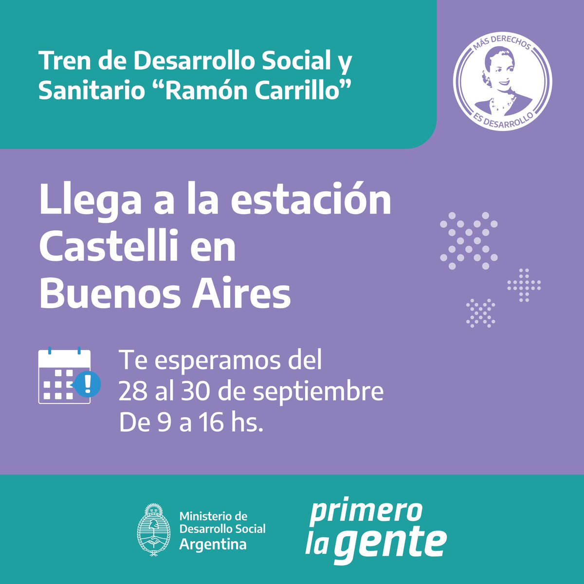 🚆  Llegamos a la estación Castelli, Buenos Aires, con el Tren de Desarrollo Social 

Del 28 al 30 de septiembre, de 9 a 16 hs podés: 

🩺 Recibir atención médica.
📝 Realizar trámites y consultas.
🎭 Disfrutar de actividades culturales.