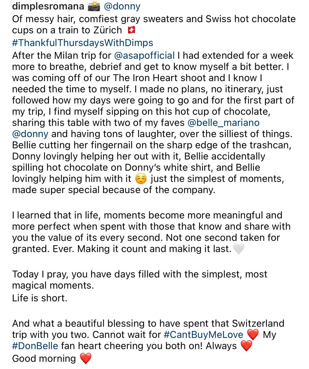 BondelleEnjoyer's tweet photo. Awwww. Miss Dimples sharing a little story of her trip to Switzerland with Donny &amp; Belle🥺 

From Belle cutting her nail on the sharp edge of a trashcan and Donny aiding her on it to Belle spilling hot chocolate on Donny😭 such a chaotic couple #DonBelle😩

Memorable SZ Trip🤍 https://t.co/Gbc8NBB0Go
