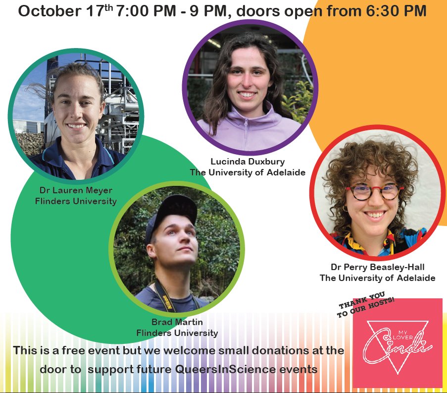 QueersInScience's tweet photo. QiS South Australia presents a night of ecology research at My Lover Cindi!

Hear from our fabulous panel of speakers on all things biodiversity and ecological systems.

Registrations are open and spots are limited https://t.co/XzSCORbSXw https://t.co/hR96bMN3Ue