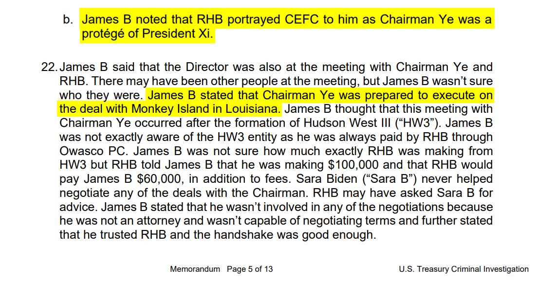 KanekoaTheGreat's tweet photo. BREAKING - President Joe Biden's brother, James Biden, told FBI agents that Hunter Biden and the Biden family attempted to help a Chinese energy company purchase U.S. energy assets while believing the Chinese company's chairman was directly tied to Chinese President Xi Jinping.

James Biden told the FBI in an interview last year about efforts by him and Hunter Biden to help CEFC China Energy buy a liquid natural gas facility on Monkey Island off the coast of Louisiana, according to explosive new documents made public Wednesday by the House Ways and Means Committee.

"James B noted that RHB [Robert Hunter Biden] portrayed CEFC to him as Chairman Ye was a protégé of President Xi," FBI agents wrote in the report.

Last October, the @MarcoPolo501c3 Report on the Biden Laptop revealed that President Xi Jinping, whom Hunter and his business partner referred to as "#1" and "no 1" in text messages, personally approved of the business partnership between CEFC China Energy and the Biden family.

Hunter and James Gilliar, his business partner, alluded to President Xi's involvement in approving meetings and ownership shares on two separate occasions.

On May 16, 2017, Gilliar told Hunter business partner Tony Bobulinski: "As I know chairman [Ye Jianming] will come to meet VP [Joe Biden] if he gets approval from no 1 [Xi Jinping]..."

The following day, Bobulinski, who later confirmed that "#1" and "no 1" referred to President Xi, expressed concerns about the Bidens potentially overruling him on corporate decisions. 

Hunter responded, "TONY that is what Zang implied - they are both [Zang Jianjun and Ye Jianming] coming to be MY partner to be partners with the Bidens. He [Zang Jianjun] has implied that the #1 [Xi Jinping] has made that clear and available to him."

In other words, the Bidens were paid millions by their Chinese energy partners, effectively operating as unregistered foreign lobbyists, in a business partnership personally approved by Chinese President Xi Jinping, which leveraged the Biden family's connections within the U.S. government to assist China in acquiring U.S. energy assets.

Just a few years ago, these actions by a President and his family would have been considered treasonous.