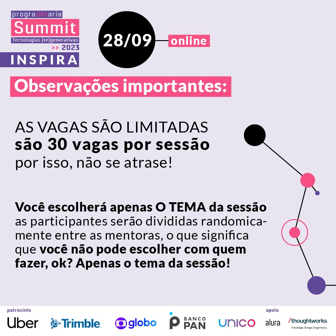 programaria's tweet image. AMANHÃ AS MENTORIAS ESTÃO O PURO OURO!! Arraste até o final para entender melhor como será a dinâmica das mentorias #PrograMariaSummit2023  🚨 Para participar das mentorias você deve ir no site onde estão todas as mentorias, o link você receberá no email cadastrado no ingresso.