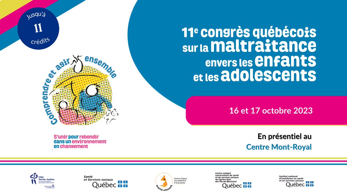 CongresCHUSJ's tweet photo. Le 11e Congrès québécois sur la maltraitance envers les enfants et les adolescents aura lieu les 16 et 17 octobre prochain au Centre Mont-Royal et réunira tous les intervenants concernés par la maltraitance envers les enfants et les adolescents.

➡️https://t.co/JhEo4VueM2 https://t.co/fiugQYgwSj