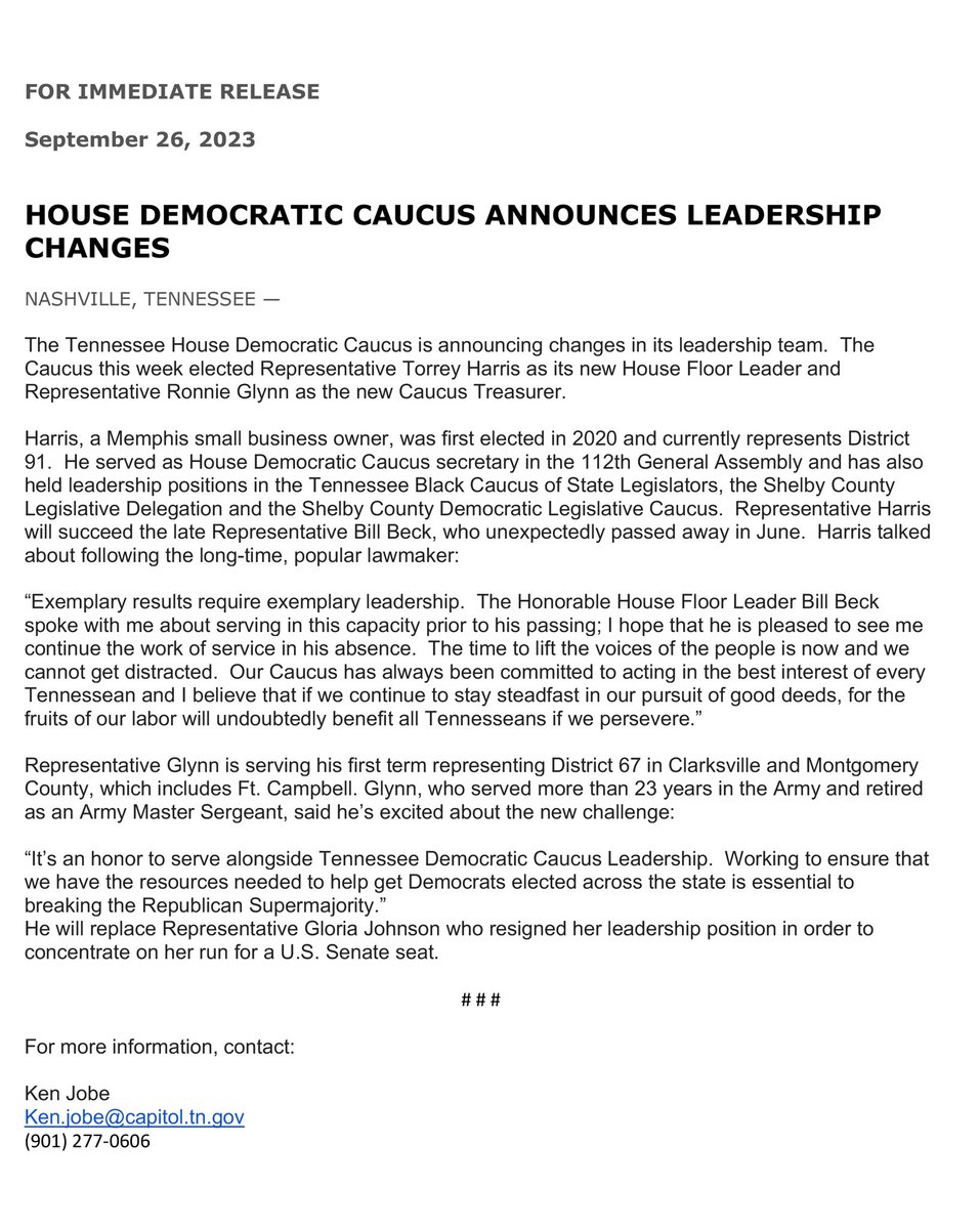 TN HOUSE DEMOCRATIC CAUCUS ANNOUNCES LEADERSHIP CHANGES

The TN House Democratic Caucus is announcing changes in its leadership team. The Caucus this week elected Representative Torrey Harris as its new House Floor Leader &amp; Representative Ronnie Glynn as the new Caucus Treasurer.