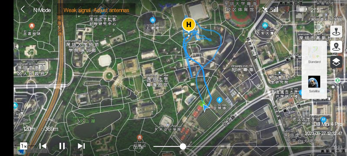 tks's tweet photo. DJI Mini 4 Pro 昨日深センで飛ばしたら、高度120m 距離360mのところでアンテナ弱いアラート出ました

そちらの見通し方向眼の前にビルあったけど、映像は終始安定
#djimini4pro https://t.co/8GHOXZoCUc
