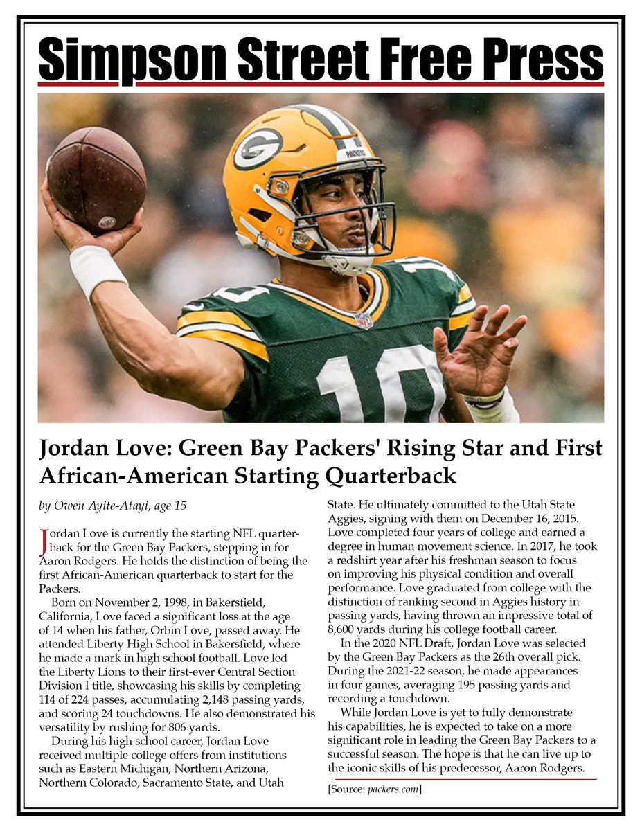 ssfp_news's tweet photo. Meet the rising star! SSFP reporter, Owen Ayite-Atayi, tells Jordan Love's journey as he steps into Aaron Rodgers' shoes and makes history as the Packers' first African-American starting QB. Read more here or online:
https://t.co/1RuSTQNFKp
#NeverHandInYourFirstDraft https://t.co/LruEA0nG0b