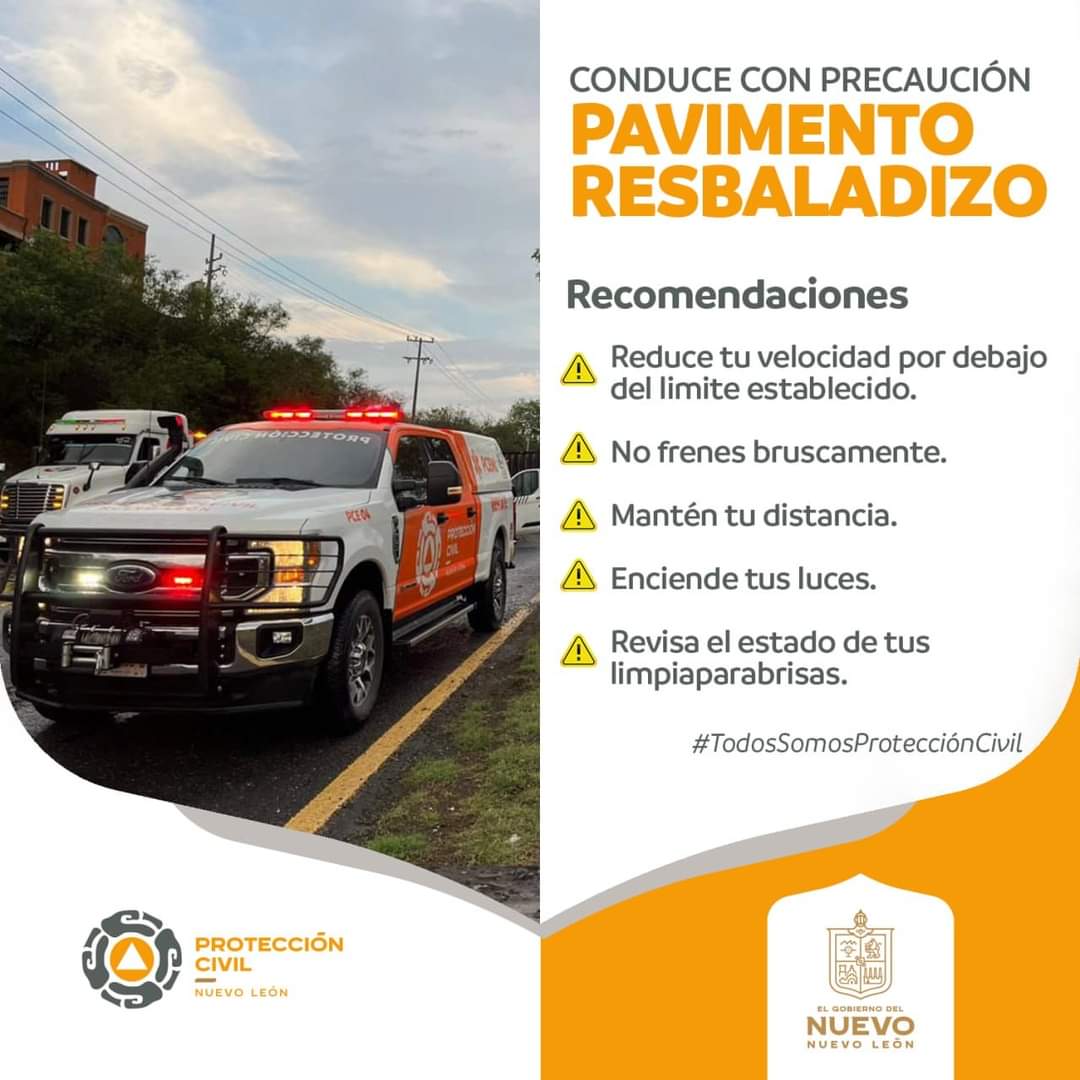 PC_NuevoLeon's tweet photo. ⚠️ #Precaución pavimento resbaladizo ⚠️
Ante cualquier emergencia, llama al 9-1-1. 
#TodosSomosProtecciónCivil https://t.co/ZgJbtRokSl