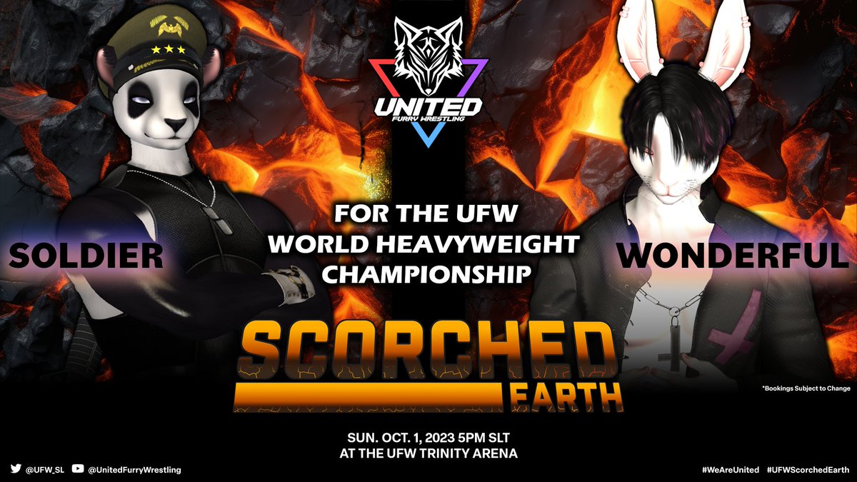 Our next Scorched Earth match! Since Sparkzy was injured the UFW World Title has been vacant. This Sunday, Soldier and Oliver Wonderful have fought hard and earned the right to battle for the belt, a new champion of the fed will be crowned!
