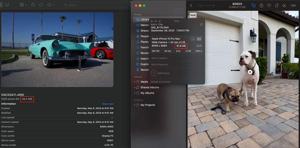 iridelife's tweet photo. This is wild! The mobile phone raw photo file is almost 2x the data size than Sony Mirrorless camera. No wonder some phones now got 1TB internal storage! #sony #A7c #iphone15pro https://t.co/kbCtT0UYZh