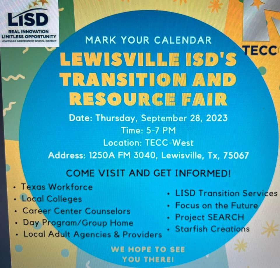 LISDSpecialEd's tweet photo. Come visit us tomorrow night at the Transition and Resource Fair.  5-7pm at TECC WEST.Lewisville Project SEARCH https://t.co/XtFb2LA1a4