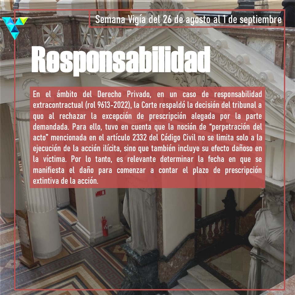 ProyectoVigia's tweet photo. ¡Seguimos con la Semana Vigía!

La Corte resolvió que la noción de “perpetración del acto” del artículo 2332 del Código Civil no se limita solo a la ejecución de la acción ilícita, sino que también incluye su efecto dañoso en la víctima. https://t.co/Mcvbw3rlT6