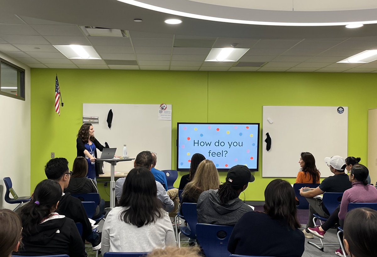 #WeAreD34 &amp; it’s clear that emotions matter in this full house! The amazing Dr. Sarah Gebhardt kicks off our first Mental Health Matters program for parents, caregivers &amp; adults who love our students. #BeWell34 for families!