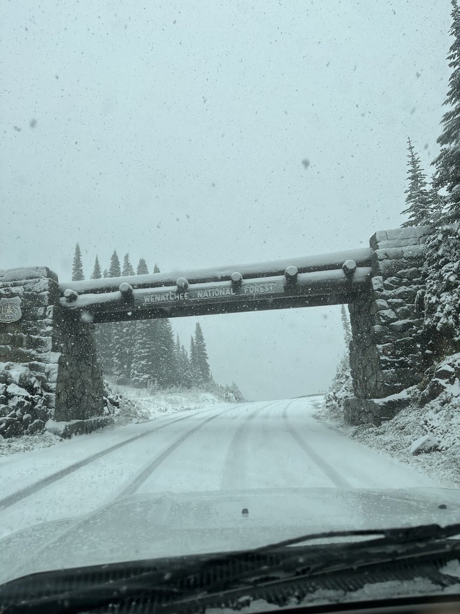 wsdot_traffic's tweet photo. We didn't believe it either. 
Until. We. SAW. It.

S
N
O
W

❄️🏔️

These winter wonderland pictures are from SR 410 near the summit of Cayuse Pass. 

Winter is coming. https://t.co/KfEGyKdOKN