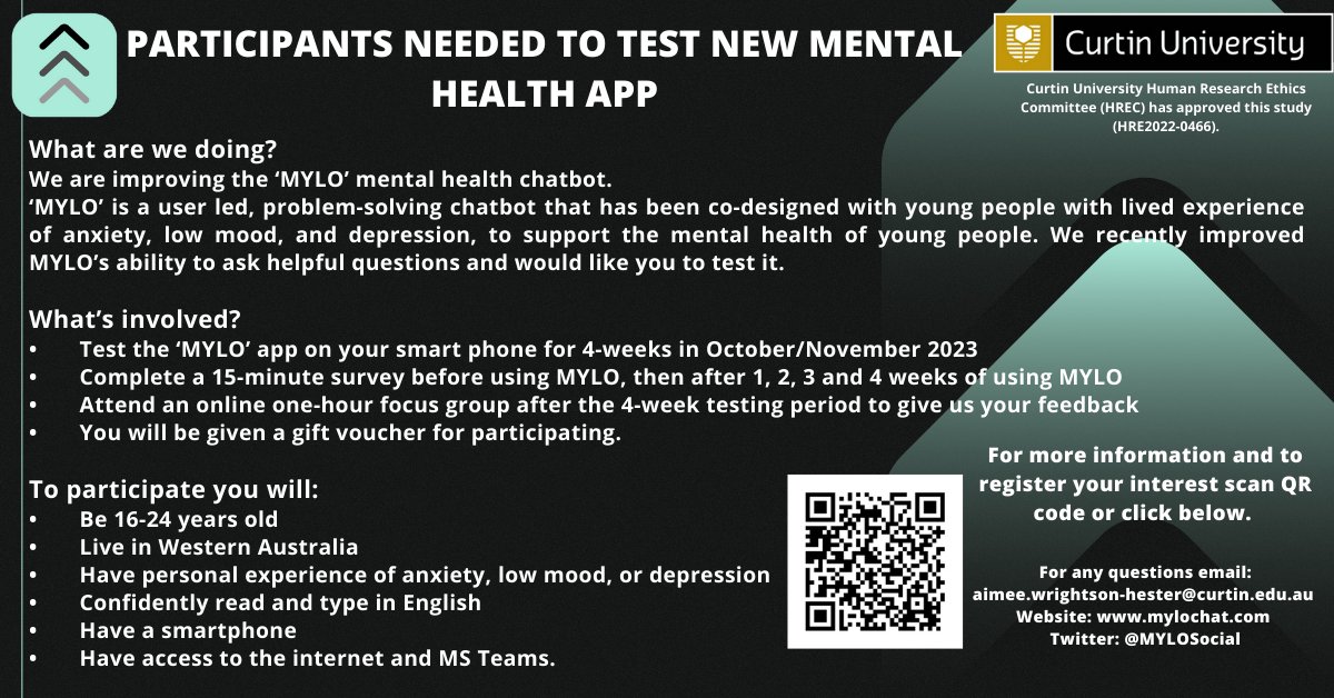 We are looking for a new group of young Western Australians (16-24 years old) to test our new mental health app! If you are interested and for more information please complete the survey here: curtin.au1.qualtrics.com/jfe/form/SV_eW…