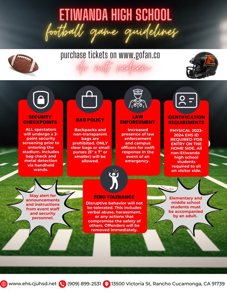 Etiwanda Activities (@asbetiwanda) on Twitter photo Safety Information for Friday’s Game
<a href="/EtiwandaRed/">Principal Wolfe</a> <a href="/EHSAthletics/">Etiwanda Athletics</a> <a href="/EtiwandaFB/">Etiwanda High Football</a> Safety Information for Friday’s Game
<a href="/EtiwandaRed/">Principal Wolfe</a> <a href="/EHSAthletics/">Etiwanda Athletics</a> <a href="/EtiwandaFB/">Etiwanda High Football</a>