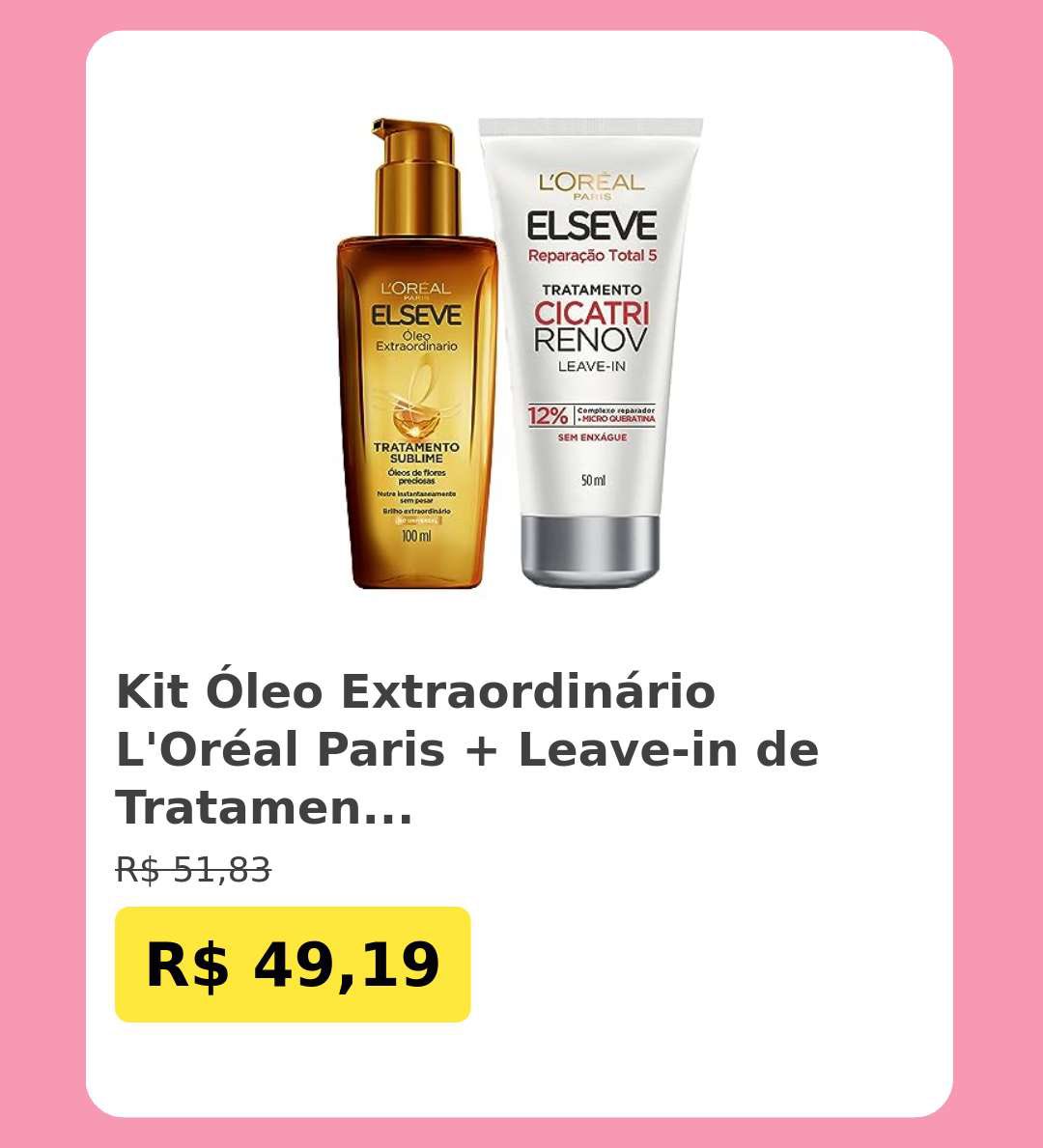promosdacris's tweet photo. 🛍️Kit Óleo Extraordinário L'Oréal Paris + Leave-in de Tratamento Cicatri Renov

~de R$ 51,83~
💸por R$ 49,19 🚨🚨

👉Link p/ comprar: https://t.co/A4gNnx28K6 https://t.co/162w3Smh9Z