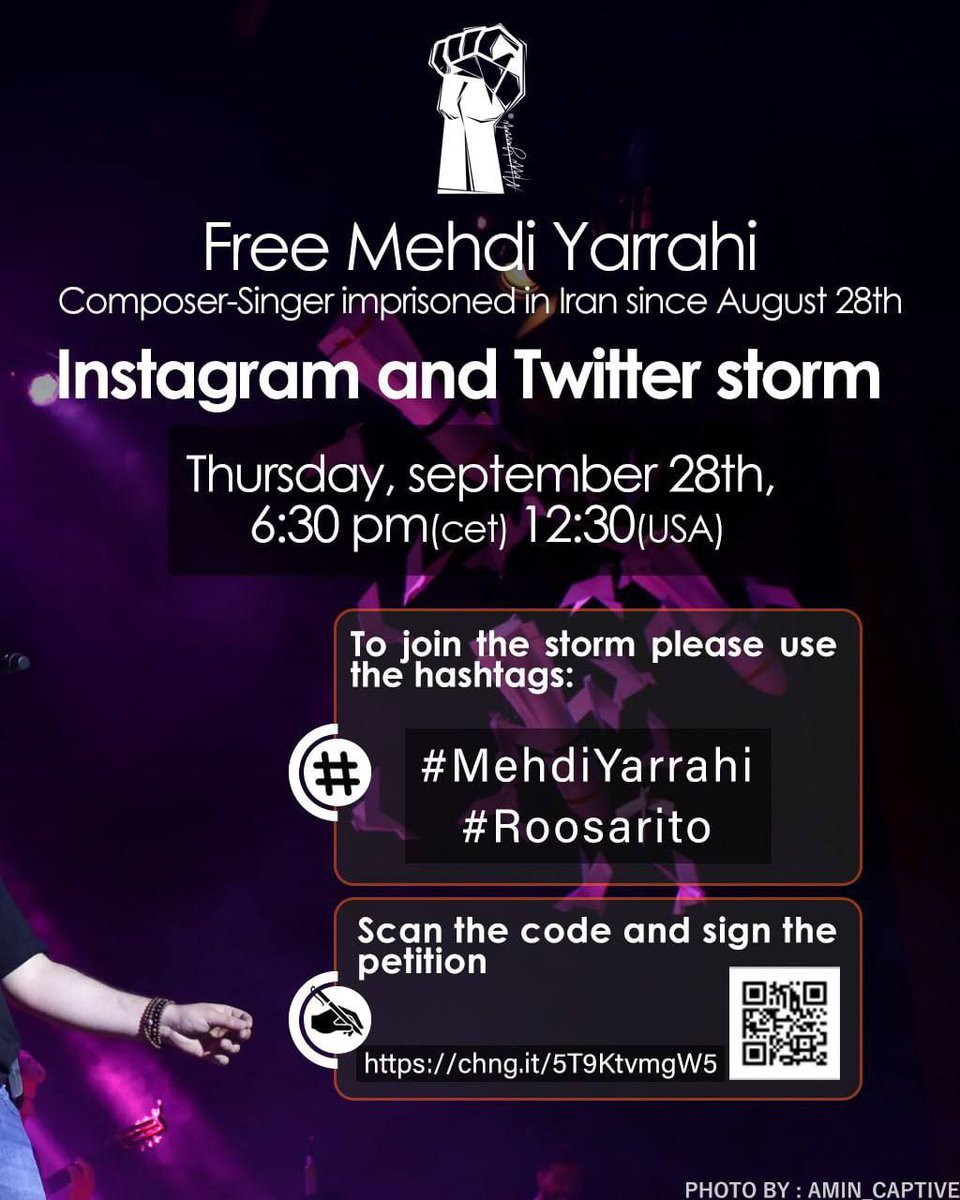 Action4IR's tweet photo. ‼️ Action 1-Twitter storm ‼️

Twitter and Instagram Storm in support of Mehdi Yarrahi:

Thursday, Sep 28:
12:30 PM EST
11:30 AM CST
9:30 AM PST

Hashtags:
#MehdiYarrahi
#Roosarito https://t.co/VuT7tbke2s