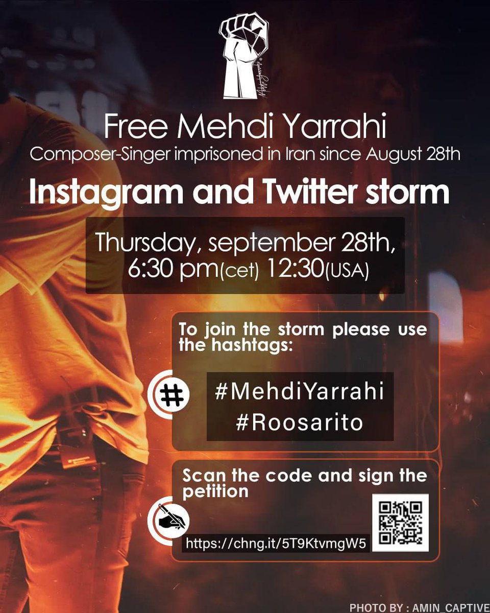 Action4IR's tweet photo. ‼️ Action 1-Twitter storm ‼️

Twitter and Instagram Storm in support of Mehdi Yarrahi:

Thursday, Sep 28:
12:30 PM EST
11:30 AM CST
9:30 AM PST

Hashtags:
#MehdiYarrahi
#Roosarito https://t.co/VuT7tbke2s