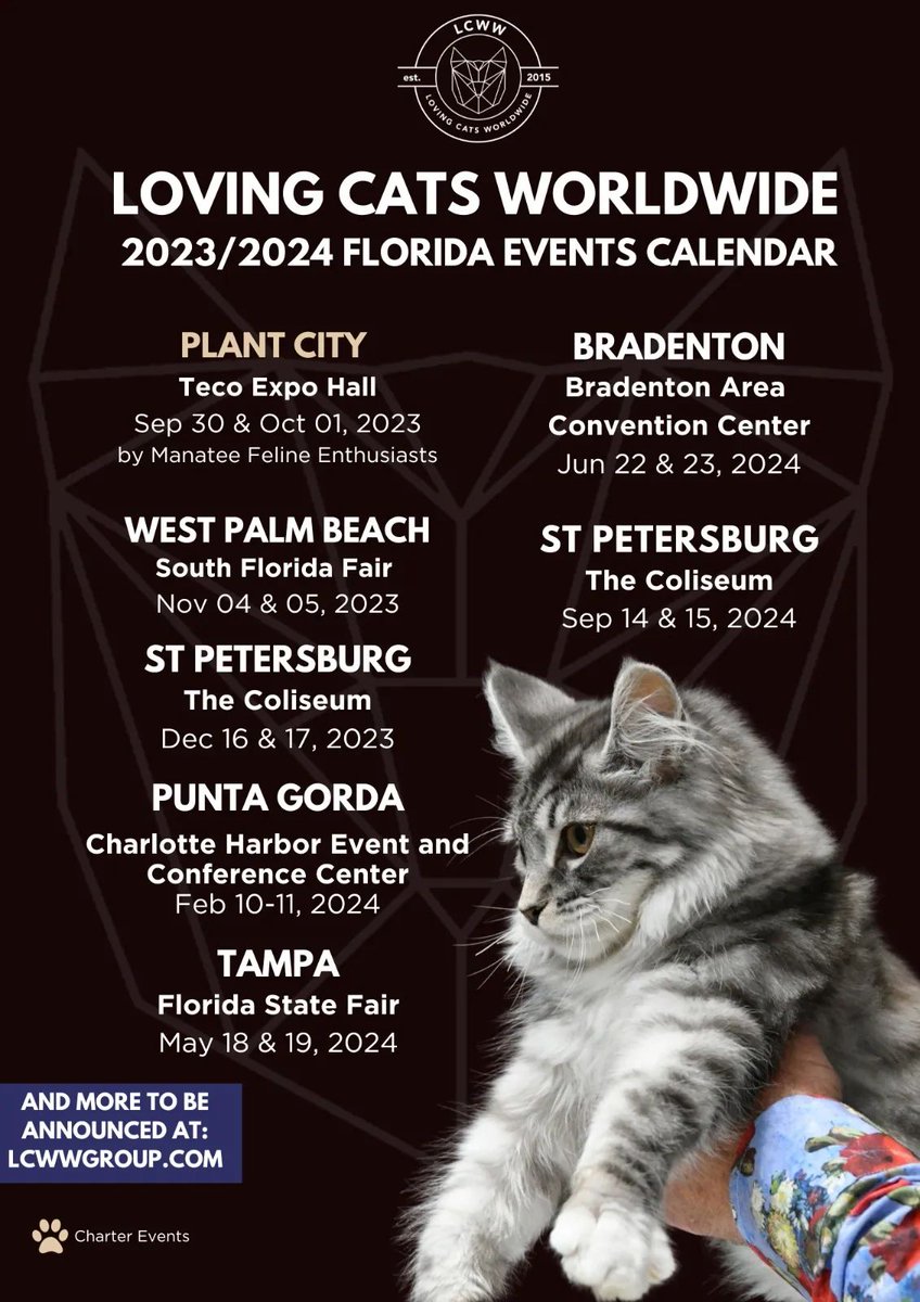 LCWWGroup's tweet image. We'll be in Plant City next weekend, but did you know about all of these other Florida locations? 🙀
We have not yet opened ticket sales to some of the later dates, but make sure to mark your calendars now so you don't forget! 😻 

🎟️ buff.ly/3NFiYLA 

#catshow #catlovers