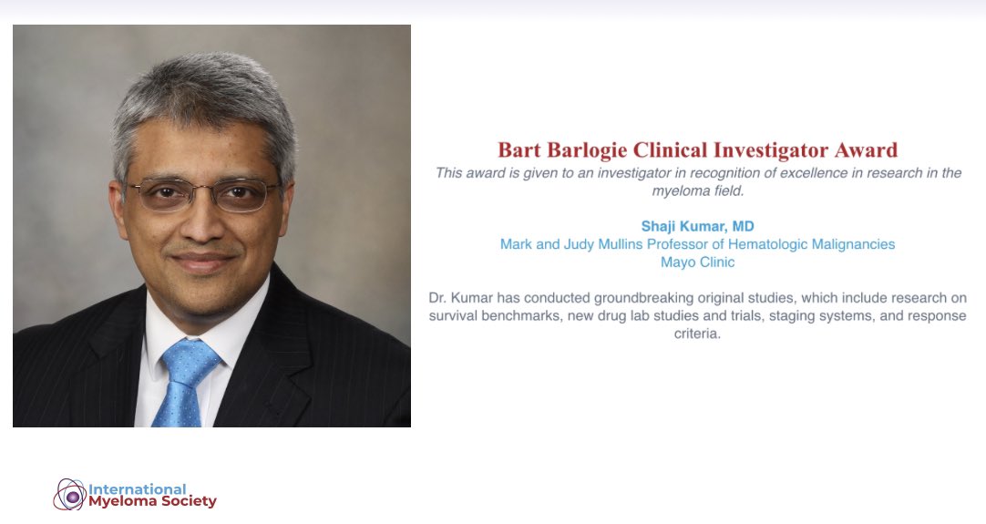 Vincent Rajkumar (@vincentrk) on Twitter photo My colleague Dr. Shaji Kumar <a href="/myelomaMD/">Shaji Kumar</a> <a href="/MayoClinic/">Mayo Clinic</a> wins the Bart Barlogie Award
<a href="/Myeloma_Society/">Myeloma Society</a> #IMS23
#MedTwitter My colleague Dr. Shaji Kumar <a href="/myelomaMD/">Shaji Kumar</a> <a href="/MayoClinic/">Mayo Clinic</a> wins the Bart Barlogie Award
<a href="/Myeloma_Society/">Myeloma Society</a> #IMS23
#MedTwitter