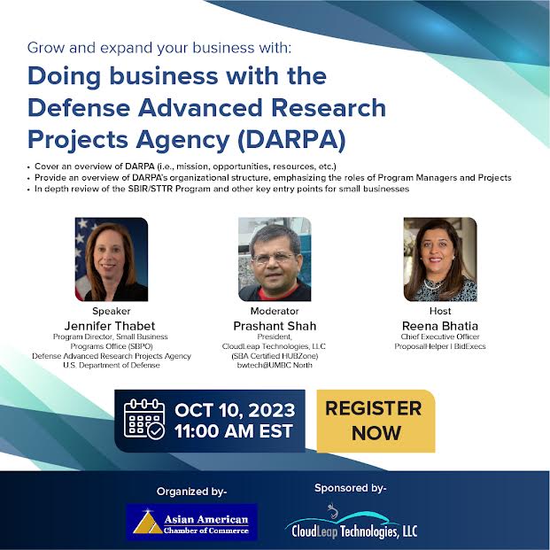 Join us for the webinar: Grow and expand your business: Doing #Business with The Defense Advanced Research Projects Agency(DARPA) on October 10, 2023

To get yourself registered, click here:  bit.ly/48KeGLt
#AACC #AsianAmericanChamberOfCommerce #AACCEvents #smallbusiness