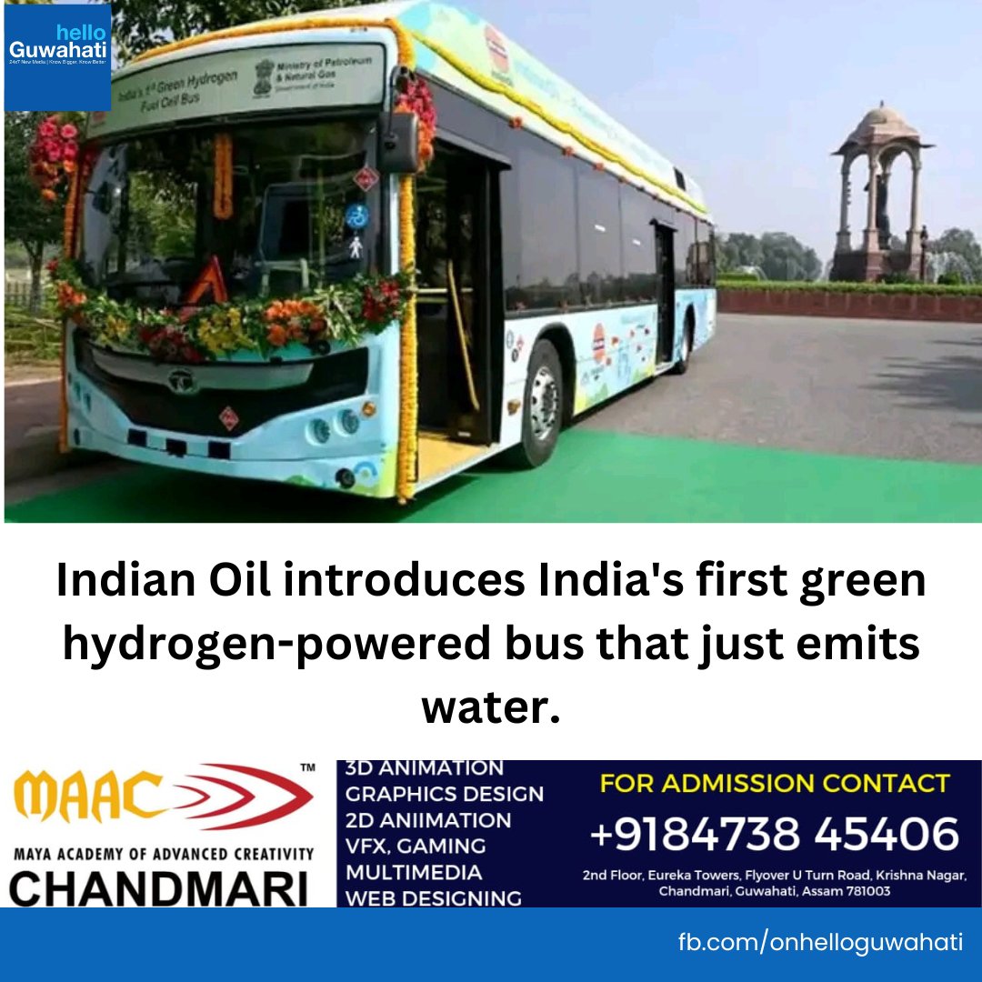 #helloguwahati | Indian Oil introduces India's first green hydrogen-powered bus that just emits water.