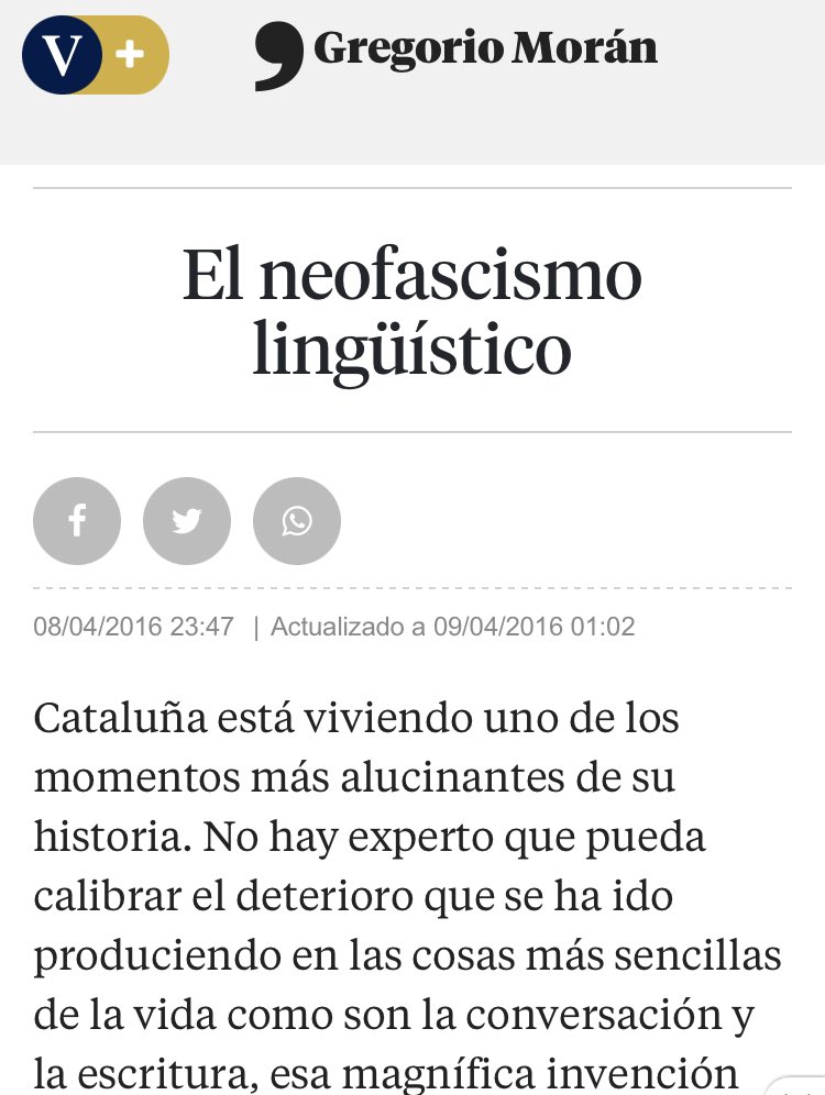El gran convidat d’avui dels Matins de <a href="/tv3cat/">TV3 és ara @Som3Cat</a> lloat per presentadors i presentadores de la cadena és Gregorio Morán, autor de perles com aquesta: El neofasfismo lingüístico.
Ple d’odi a la nostra llengua, cultura i identitat. On vas TV3?