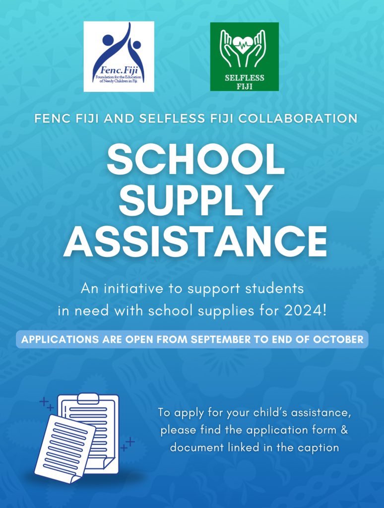 SelflessFiji's tweet photo. 📚 #TeamFiji If you know a family that is struggling to afford their child’s educational necessities, please encourage them to apply for this assistance💚

Our #volunteers will be supporting @FENCFiji by providing school packs to children in need all across #Fiji 🇫🇯 https://t.co/TN6L2yJlKc