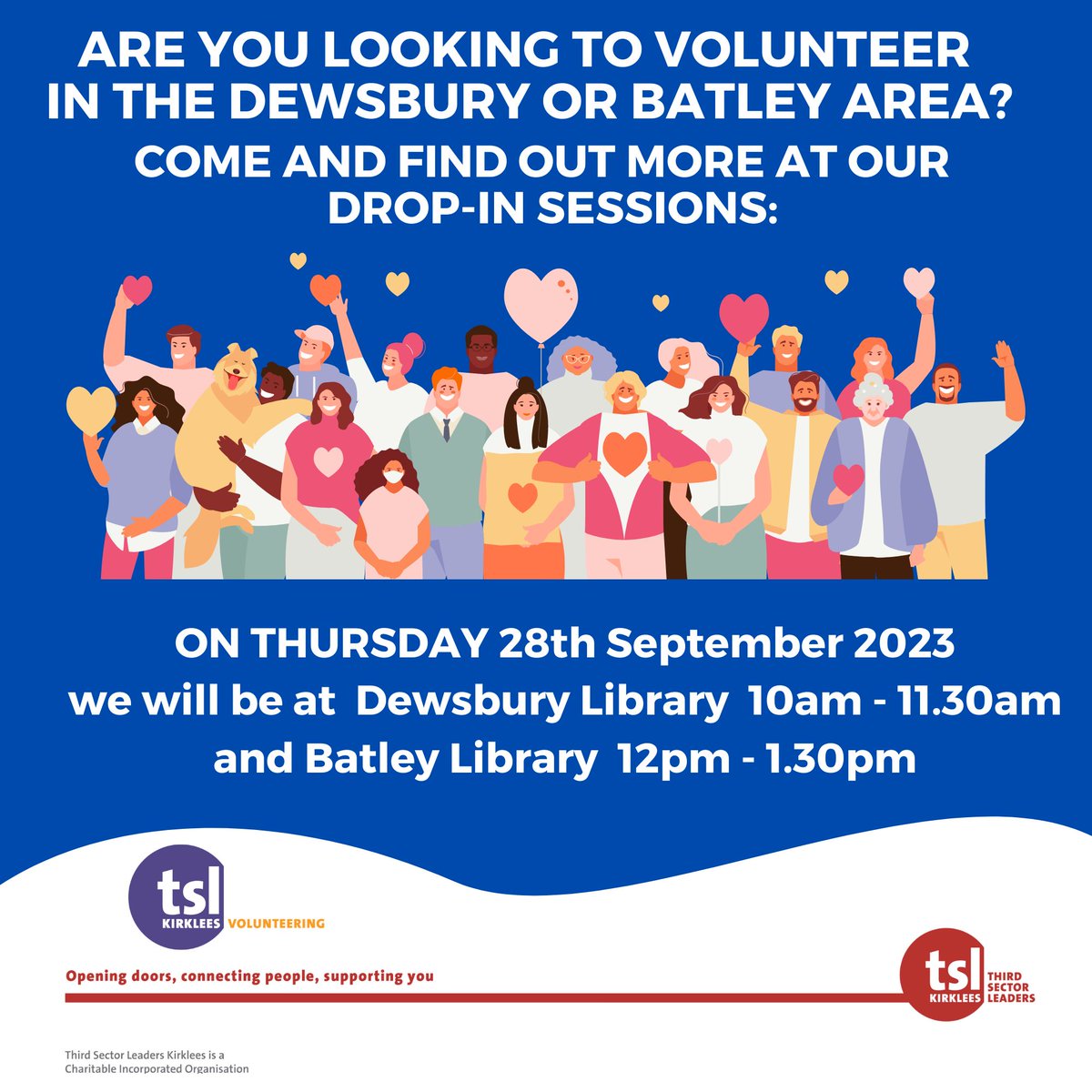 TSLVolunteering's tweet photo. We will be at #Dewsbury Libray 10-11.30am today and then at #Batley Library 12pm - 1.30pm to meet anyone interested in volunteering. Just drop in ! https://t.co/IDS2ECYEbv