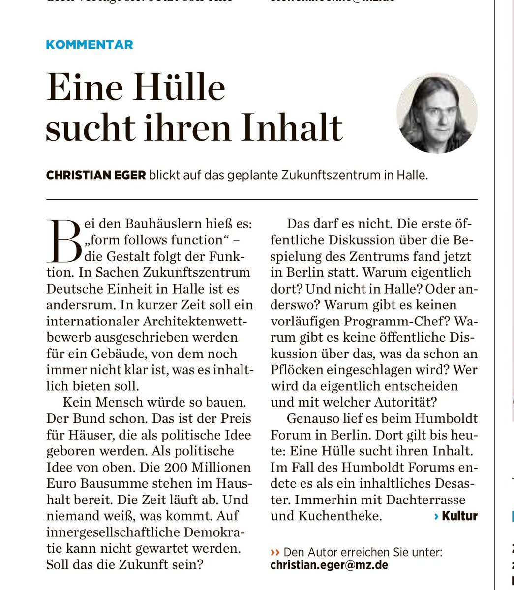 1/ Treffender Kommentar von Christian Eger in der <a href="/mzwebde/">mz-web.de</a>  zur Nichtdebatte um die inhaltliche Zukunft des Zukunftszentrums in Halle - ja, es ist ein peinlich. Warum? Weil niemand öffentlich auszusprechen wagt, dass das ganze Projekt doch noch wegen der angespannten