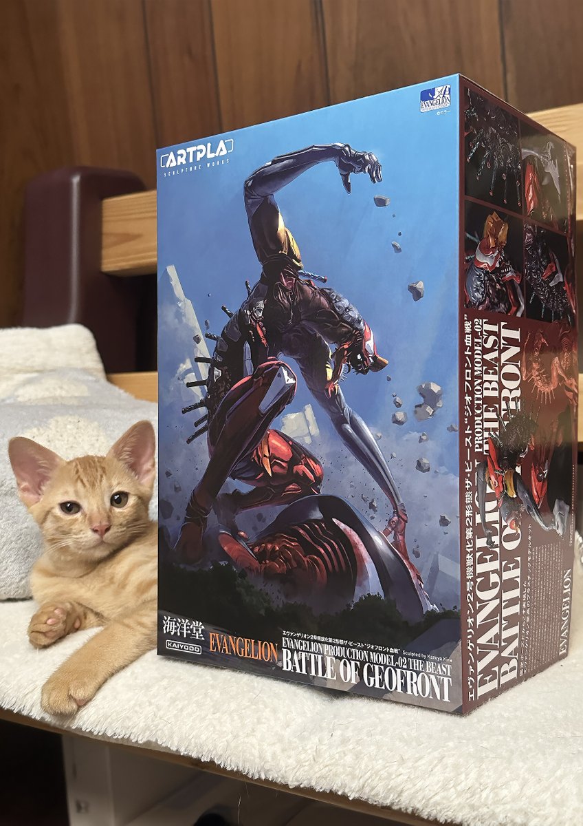 ARTPLA エヴァンゲリオン2号機獣化第2形態ザ・ビースト「ジオフロント血戦」
kyd-store.jp/c/genre/artpla…

箱がでーかーいー！とうとう厚みが130ミリに。めちゃめちゃかっこいい箱絵は中村豪志さんです。
#海洋堂 #ARTPLA

一緒に写ってる猫は次の譲渡会まで一時的に預かってる里親募集中の子猫ちゃん。