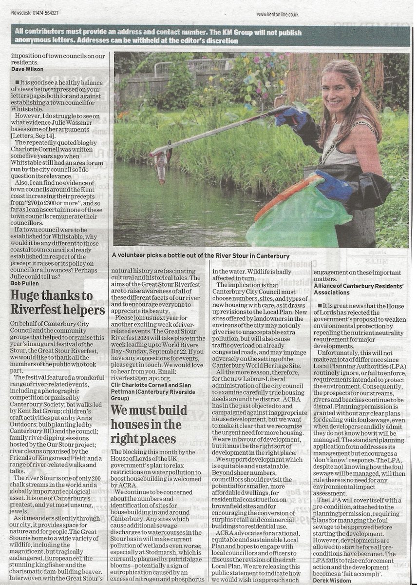 PettmanSian's tweet photo. Nice coverage on the letter's page of today's @KentishGazette about last week's Great Stour Riverfest organised jointly by @canterburycc and local community groups. Planning for the Great Stour Riverfest 2024 will begin in the coming weeks! @CharloCornell @KentishStourCP https://t.co/5MccLJ7CMQ