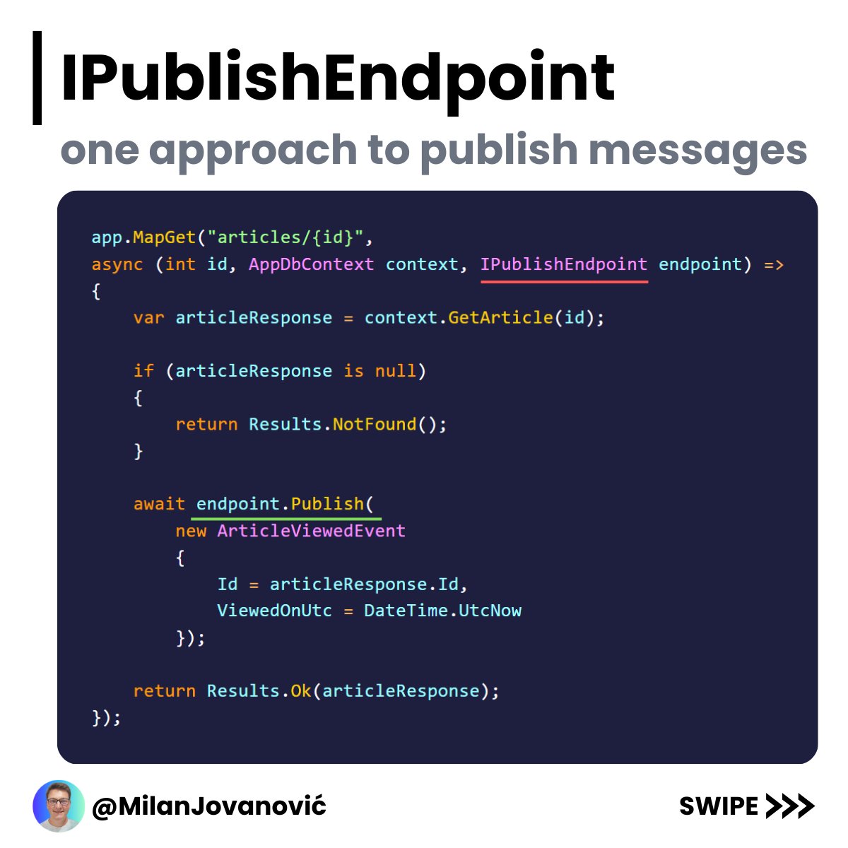 mjovanovictech's tweet photo. 𝗠𝗮𝘀𝘀𝗧𝗿𝗮𝗻𝘀𝗶𝘁 𝗶𝘀 𝗮 𝗴𝗮𝗺𝗲 𝗰𝗵𝗮𝗻𝗴𝗲𝗿 𝗳𝗼𝗿 𝗯𝘂𝗶𝗹𝗱𝗶𝗻𝗴 𝗱𝗶𝘀𝘁𝗿𝗶𝗯𝘂𝘁𝗲𝗱 𝗮𝗽𝗽𝗹𝗶𝗰𝗮𝘁𝗶𝗼𝗻𝘀.

And it makes the whole process incredibly simple.

It's a .NET library that gives you all the tools you need to build modern distributed systems.

The core concept of any messaging library is messages.

A message can be a record, class, or interface. It should only contain data properties.

The publisher and consumer need to know the message format, so you need to be able to share it.

You can do this with a shared library or a NuGet package.

After that, pick one of the supported transport mechanisms for messages.

You can use several different transports:

- Azure Service Bus
- Amazon SQS
- RabbitMQ
- Kafka
- In Memory*

I encourage you to try it if you haven't had a chance to use it before.

You'll be blown away by all the supported features.

P.S. If you liked this, consider joining The .NET Weekly - my newsletter with 28,000+ engineers that teaches you how to improve at .NET and software architecture.

Subscribe here → https://t.co/dCEi48iXpl

Did you use MassTransit before?