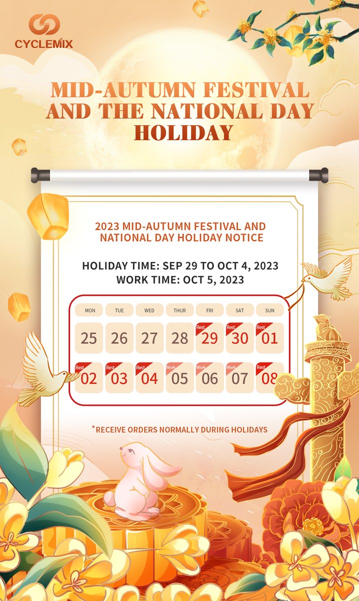 AndesChina's tweet photo. 🎉Happy Mid-autumn Festival &amp; National Day.🎉

🗓We will be closed from Sep 29th to October 4th, and resume business  on October 5th.

📋If you have any inquiries, feel free to contact us for more details at any time. https://t.co/iamxMXRDDc