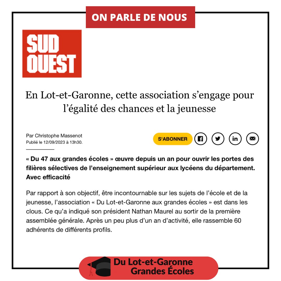 DTGE47's tweet photo. 🌟 On parle de nous : L'AG de notre association du Lot-et-Garonne aux Grandes Écoles sous les feux des projecteurs! 🚀
Plongez dans les coulisses de cet événement relaté dans l'édition du 12/09/2023 du @sudouest  ! 
https://t.co/esmVaPcA33
#lotetgaronne #égalitédeschances #dtge https://t.co/ckPP5NqWNj