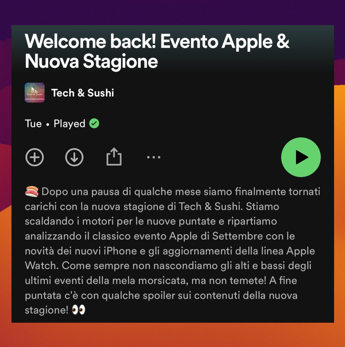techandsushi's tweet photo. 🍣 Siamo finalmente tornati carichi con la nuova stagione di #TechAndSushi. Stiamo scaldando i motori per le nuove puntate e ripartiamo analizzando il classico evento #Apple di Settembre. A fine puntata qualche spoiler sulla nuova stagione ! 👀 #podcast #newseason https://t.co/jNEWkJQfW9