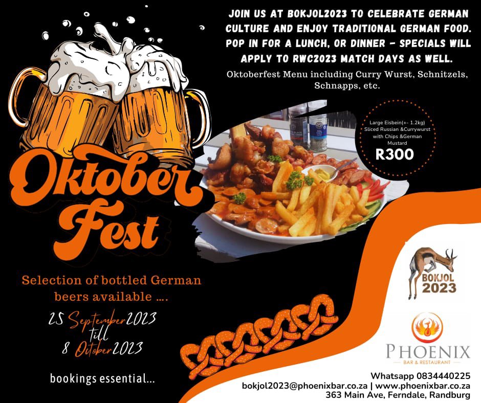 Phoenixbar2's tweet image. Oktoberfest 2023 (ok mini) 

All Randburgers - get your Eisbein, Curry Wurst or Schnitzel Fix with us!!

Weisbeer available..

Light meals to table platters…

And enjoy the rugby (if do inclined)

Bring your mates!

#restaurant 
#randburg
#special
#Oktoberfest2023 
#rwc2023