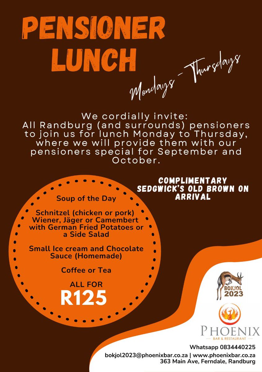 Phoenixbar2's tweet image. Thursday - last chance this week for our Pensioner’s Special - then it is waiting for next week!!

3 and 1/2 course meal for R125!!

Pass on yo your Aunt, Uncle, Boss, Sugar Daddy if they are over 60 😎🤘

#restaurantspecial 
#pensioner 
#randburg