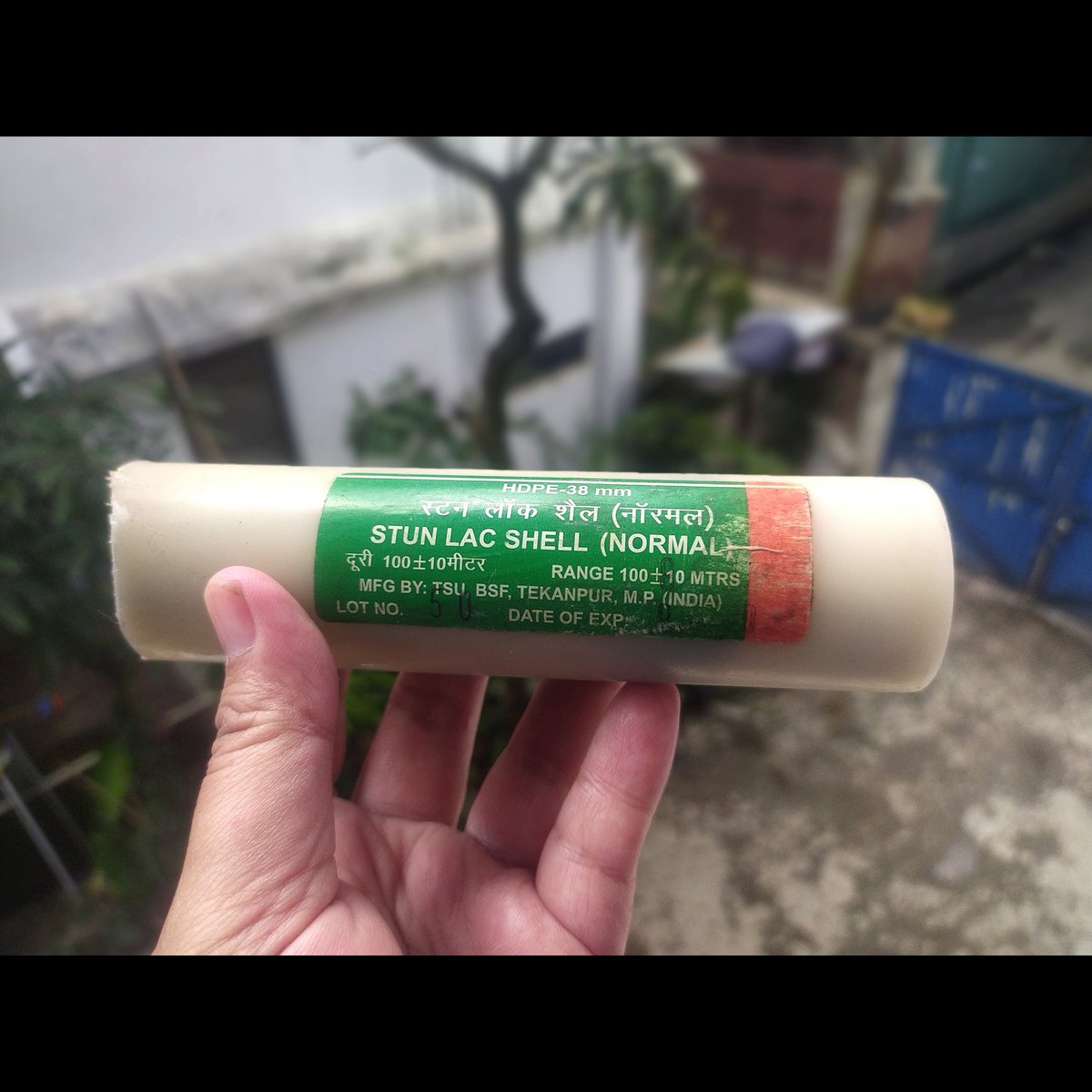 This was fired inside our home last night. 
Internet says: Stun Lac Shell (Normal) (Chilli) contain lachrymatory powder, it bursts with loud bang and flash &amp; spreads lachrymatory powder, produces irritation &amp; lachrymation. 

#imphal #manipur