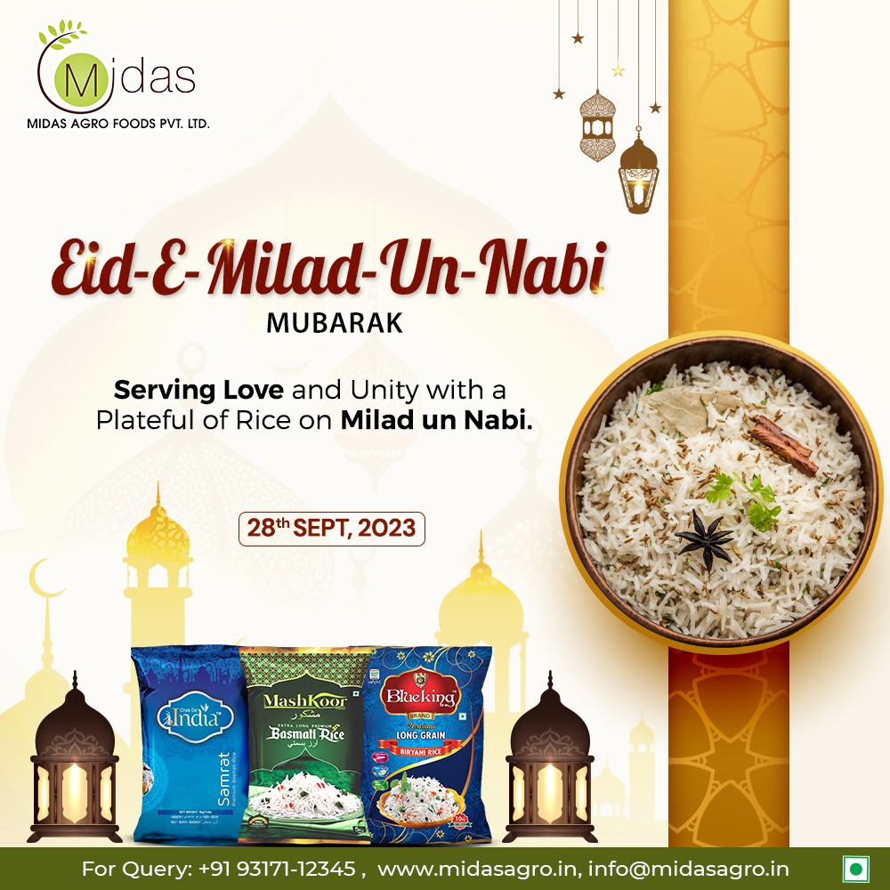On this blessed occasion of Milad un Nabi, may the light of Prophet Muhammad's teachings guide you and your family towards a life filled with peace, love, and prosperity.
.
.
.
#EidEMiladUnNabi #ProphetMuhammad #FaithAndLove #Celebration #MidasAgroRice 
midasagro.in