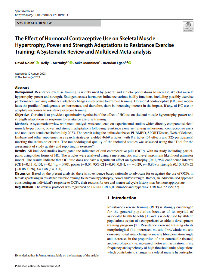 Dr. David Nolan (@drdavidnolan) on Twitter photo Our meta-analysis examining the effect of hormonal contraceptive use on adaptations to resistance exercise training is now available to read for free open access in <a href="/SportsMedicineJ/">Sports Medicine</a>
link.springer.com/article/10.100…
Summary of key points below ⬇️🧵⬇️ Our meta-analysis examining the effect of hormonal contraceptive use on adaptations to resistance exercise training is now available to read for free open access in <a href="/SportsMedicineJ/">Sports Medicine</a>
link.springer.com/article/10.100…
Summary of key points below ⬇️🧵⬇️